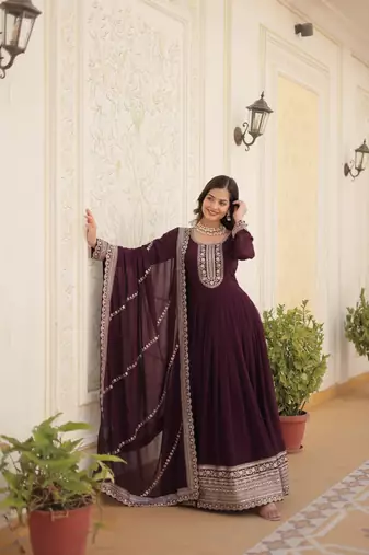 Women's wine faux blooming with rich thread sequins embroidered work for party wear gown