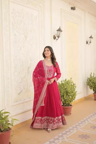 Women's pink faux blooming with rich thread sequins embroidered work for party wear gown
