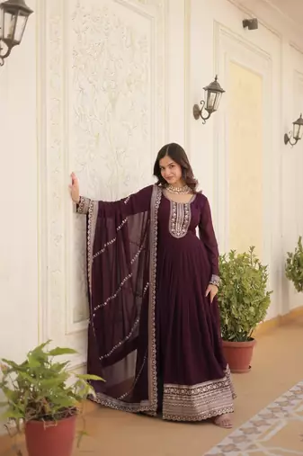 Women's wine faux blooming with rich thread sequins embroidered work for party wear gown