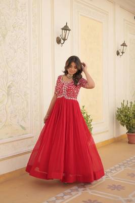 Women's red faux blooming with embroidered zari sequins work luxury gown 1