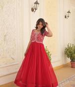 Women's red faux blooming with embroidered zari sequins work luxury gown