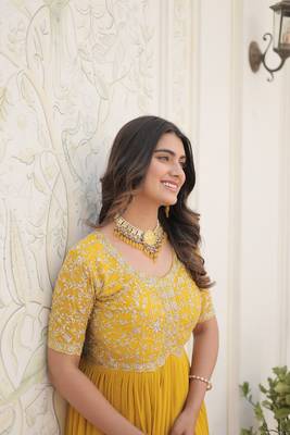 Women's yellow faux blooming with embroidered zari sequins work luxury gown 2