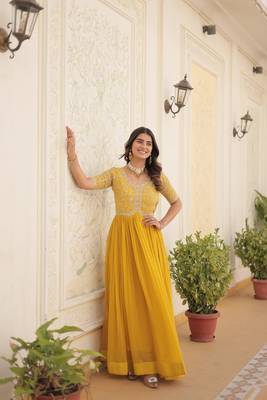 Women's yellow faux blooming with embroidered zari sequins work luxury gown 3