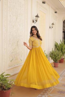 Women's yellow faux blooming with embroidered zari sequins work luxury gown 5