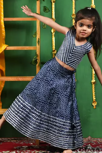 Girl's Blue Bandhani Lehenga Top Set