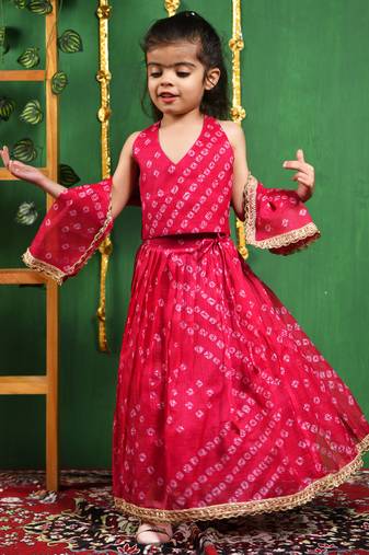 Girl's Magenta Bandhani Lehenga Top Set