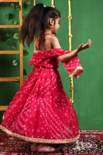Girl's Magenta Bandhani Lehenga Top Set