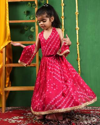 Girl's Magenta Bandhani Lehenga Top Set 4