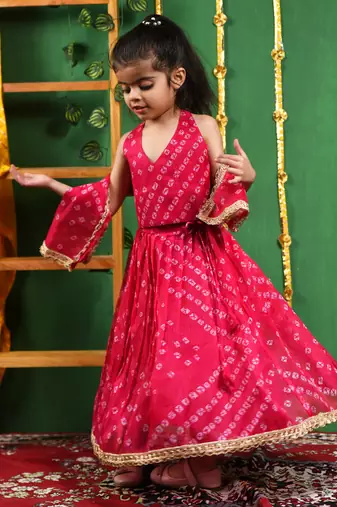 Girl's Magenta Bandhani Lehenga Top Set