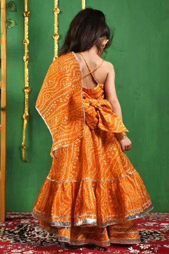 Girl's Mustared Bandhani Lehenga Set