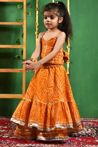 Girl's Mustared Bandhani Lehenga Set