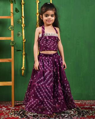 Girl's Wine Bandhani Lehenga Top Set 1