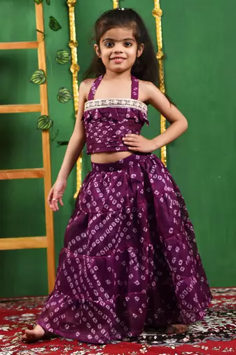 Girl's Wine Bandhani Lehenga Top Set