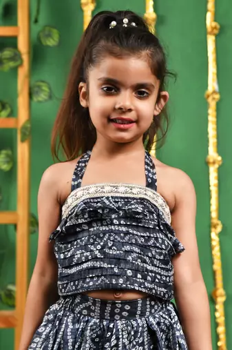 Girl's Black Tiered Flared Lehenga and Top Set