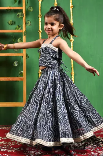 Girl's Black Tiered Flared Lehenga and Top Set