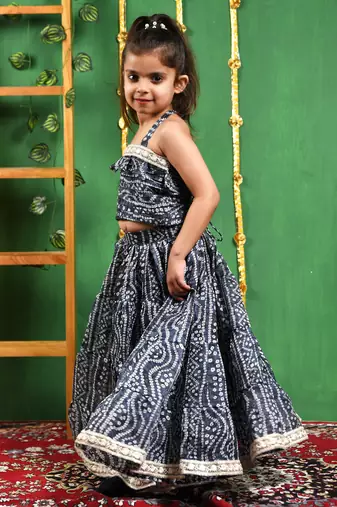 Girl's Black Tiered Flared Lehenga and Top Set