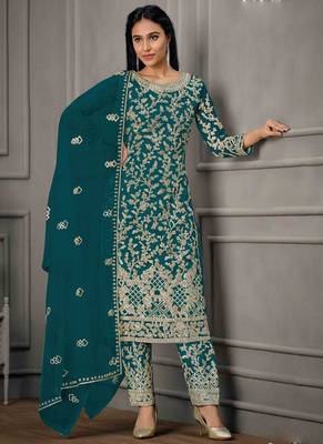 Aqua green butterfly net embroidery designer salwar suit 1