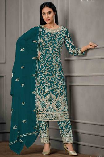 Aqua green butterfly net embroidery designer salwar suit