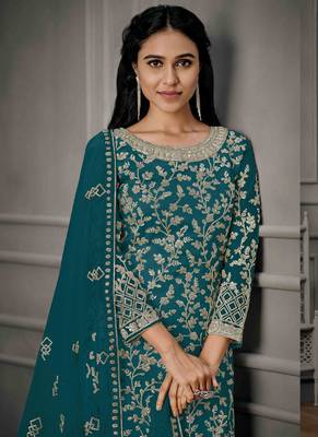 Aqua green butterfly net embroidery designer salwar suit 2