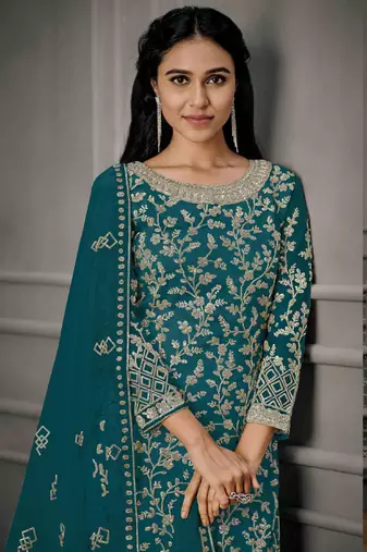 Aqua green butterfly net embroidery designer salwar suit