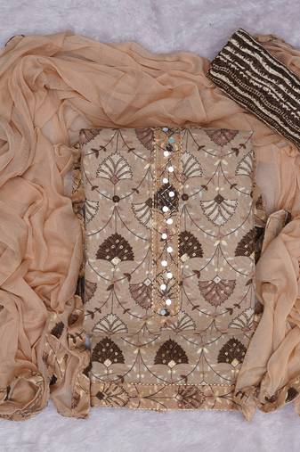 Cream cotton khatli work unstitched suit with nazneen dupatta (unstitched 3 piece dress material)