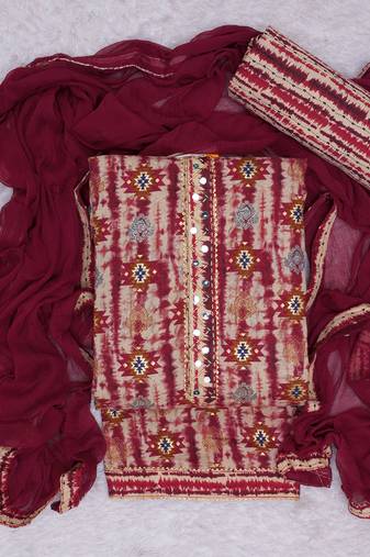 Maroon cotton khatli work unstitched suit with nazneen dupatta (unstitched 3 piece dress material)