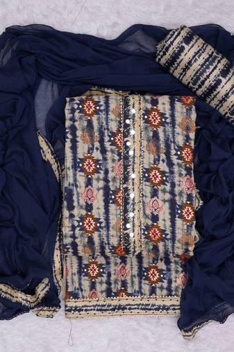 Navy blue cotton khatli work unstitched suit with nazneen dupatta (unstitched 3 piece dress material)