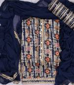 Navy blue cotton khatli work unstitched suit with nazneen dupatta (unstitched 3 piece dress material)