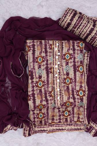 Wine cotton khatli work unstitched suit with nazneen dupatta (unstitched 3 piece dress material)