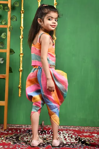 Girl's multi leheriya top and dhoti pant set