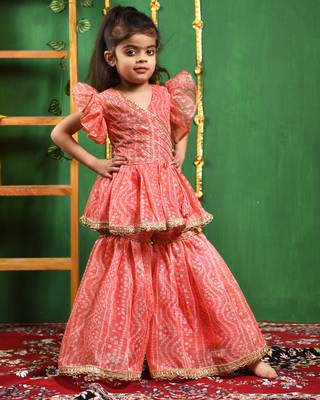 Girl's peach leheriya printed kurti with lace work sharara set 1