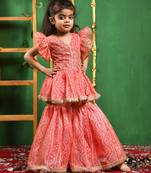 Girl's peach leheriya printed kurti with lace work sharara set