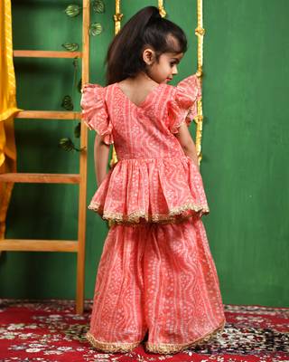 Girl's peach leheriya printed kurti with lace work sharara set 2
