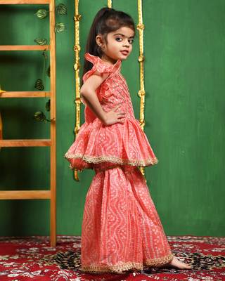 Girl's peach leheriya printed kurti with lace work sharara set 3