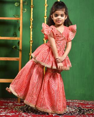 Girl's peach leheriya printed kurti with lace work sharara set 4