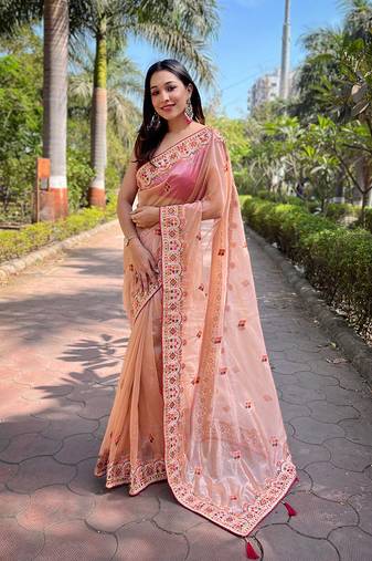 Peach twill net designer embroidery work with embellished diamond work saree
