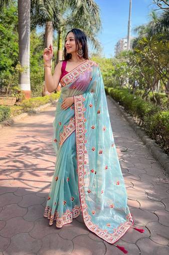Skyblue twill net designer embroidery work with embellished diamond work saree