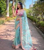 Skyblue twill net designer embroidery work with embellished diamond work saree