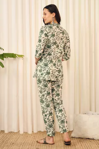 Off white and green floral printed co-ord set