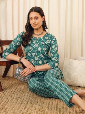 Teal green floral printed co-ord set 1