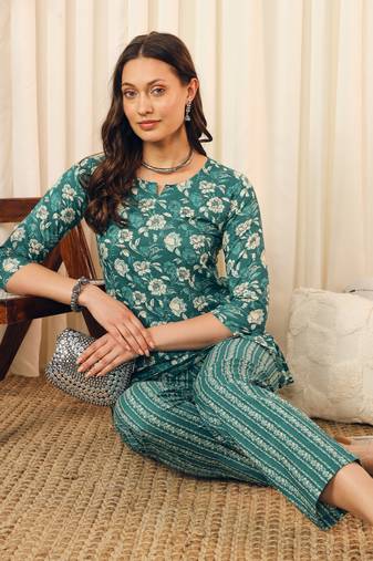 Teal green floral printed co-ord set