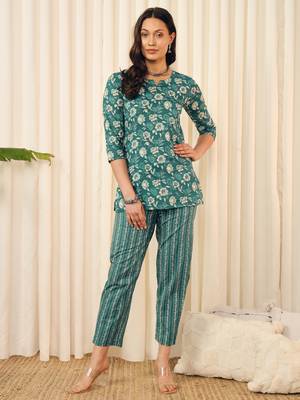 Teal green floral printed co-ord set 4
