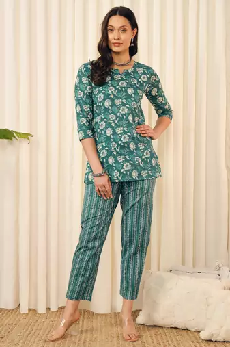 Teal green floral printed co-ord set