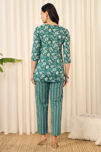Teal green floral printed co-ord set