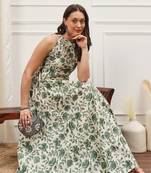 Off white and green floral printed sleeveless flared ankle length dress