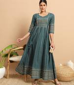 Viridian green gold ethnic motif printed anarkali ankle length dress