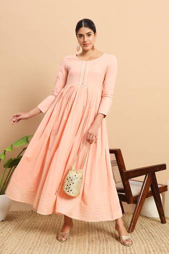 Peach round neck three quarter sleeves flared ankle length dress
