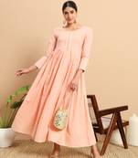 Peach round neck three quarter sleeves flared ankle length dress