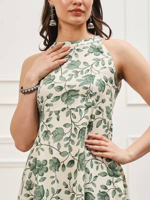 Off white and green floral printed sleeveless flared ankle length dress 2