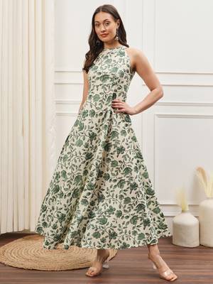 Off white and green floral printed sleeveless flared ankle length dress 3